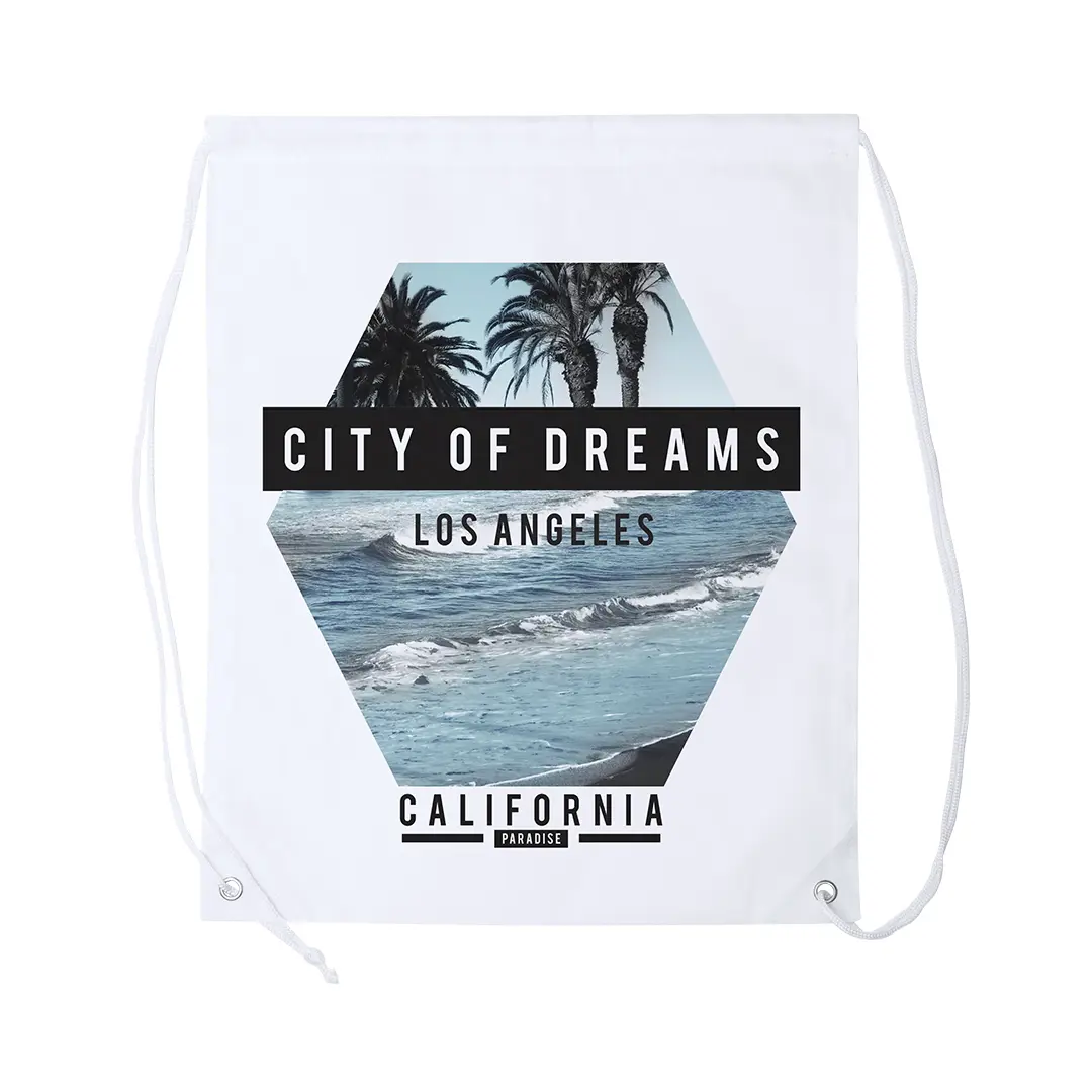 mochila de cordón blanca con diseño de palmeras junto al mar y texto City of Dreams Los Angeles California Paradise