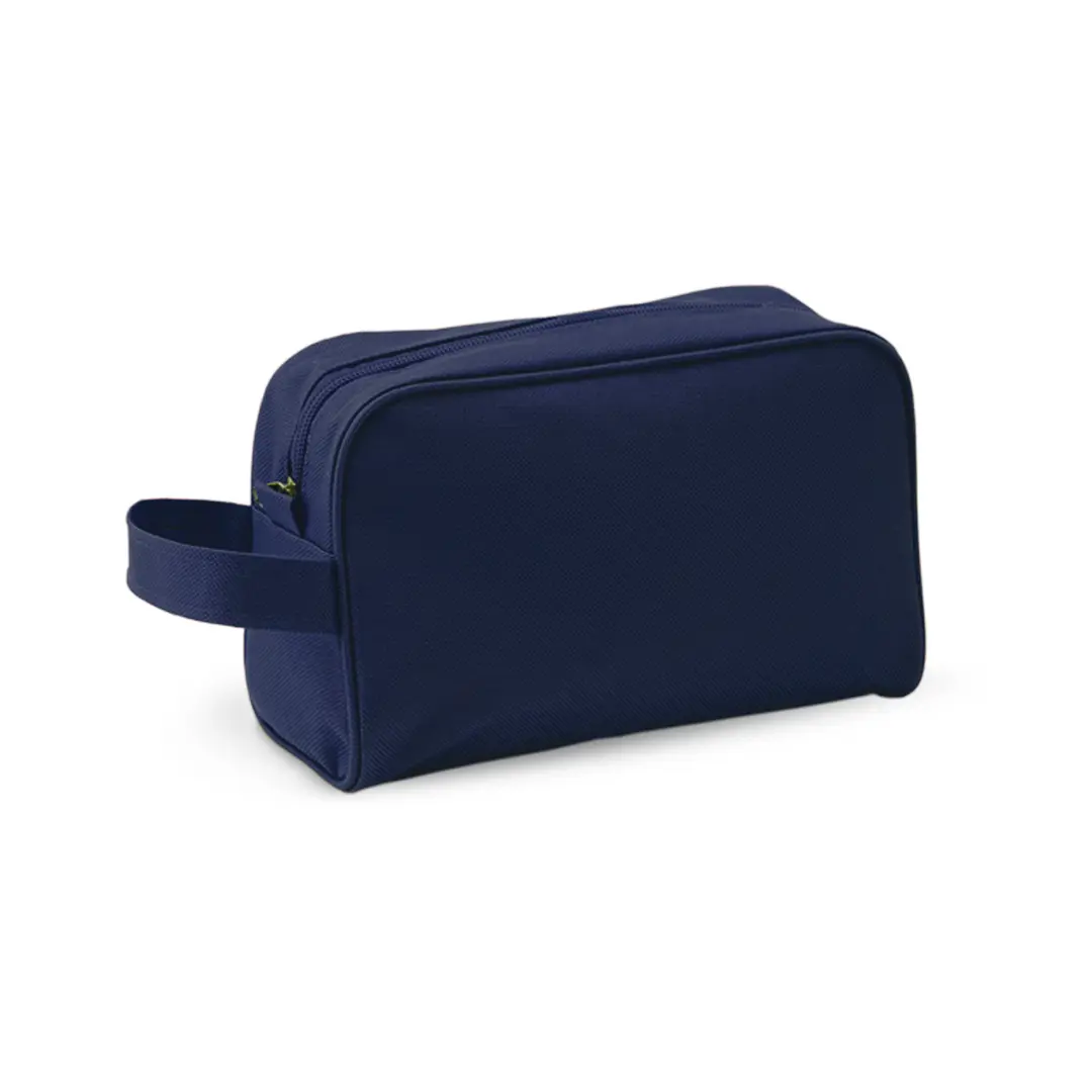 Neceser de viaje azul marino con forma rectangular, asa lateral y cierre de cremallera.