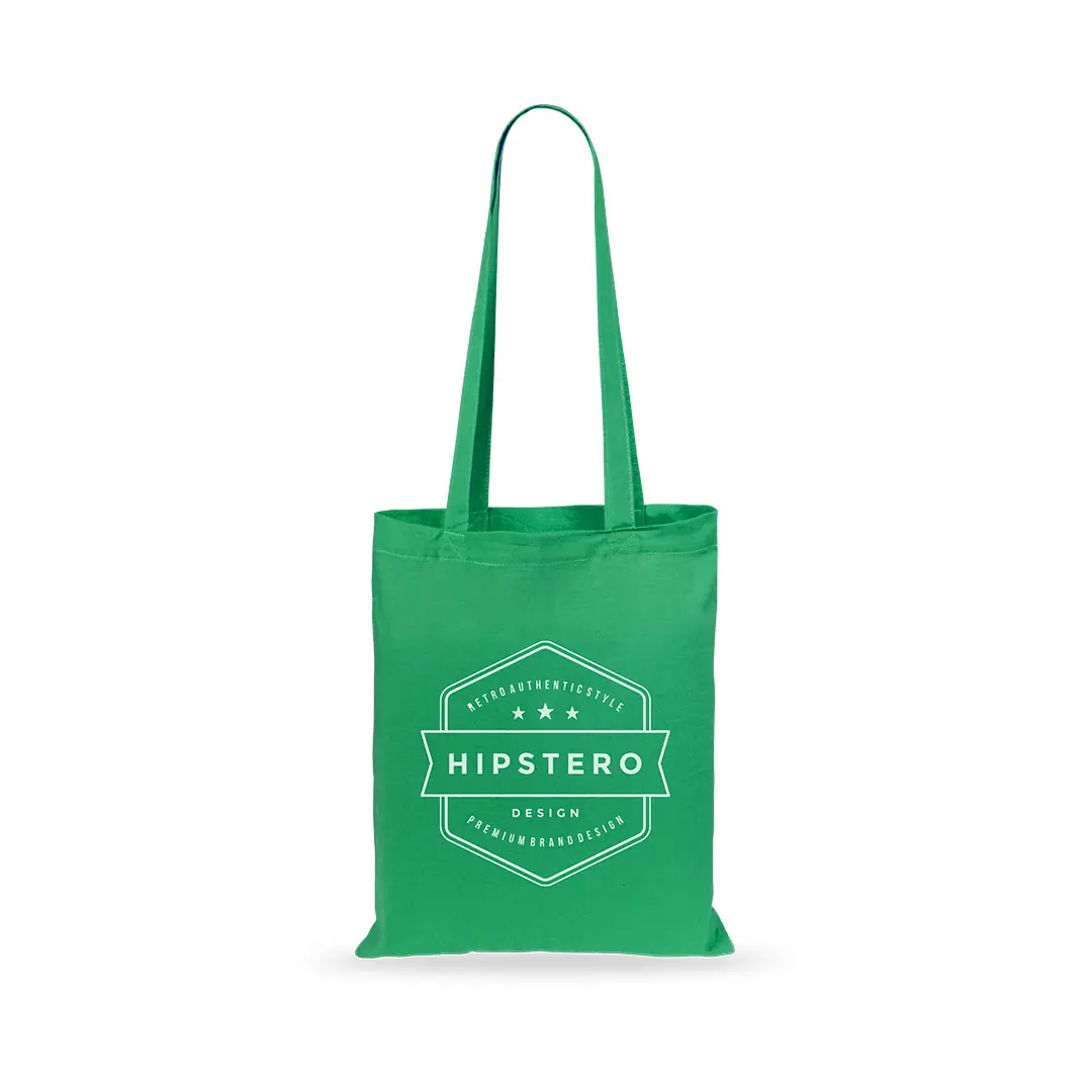 Bolsa de tela verde con asas largas y logotipo Hipstero en blanco.