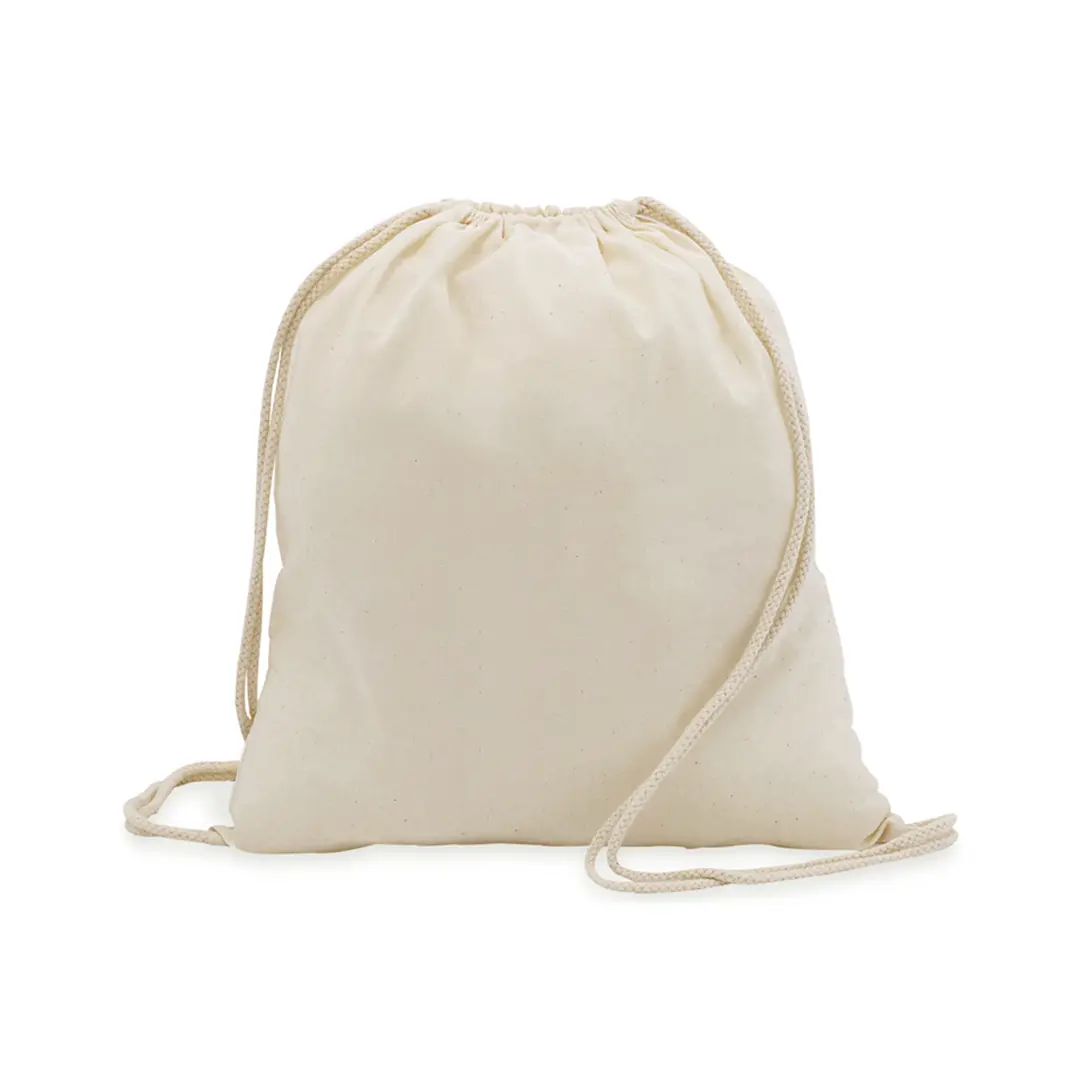 mochila saco de algodón crudo con cordones sobre fondo blanco