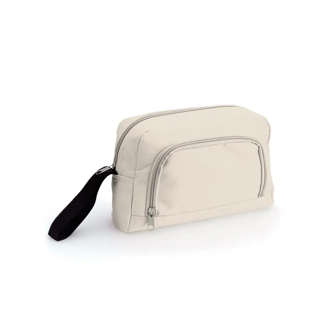 neceser de tela beige con dos cremalleras y asa de mano negra