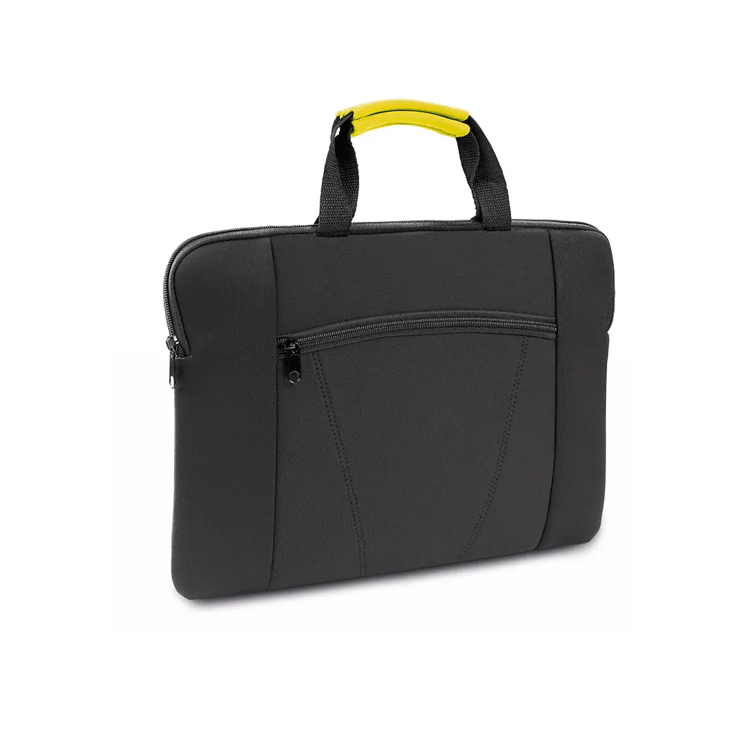 funda de neopreno negra para portátil con asa acolchada amarilla y bolsillo frontal con cremallera