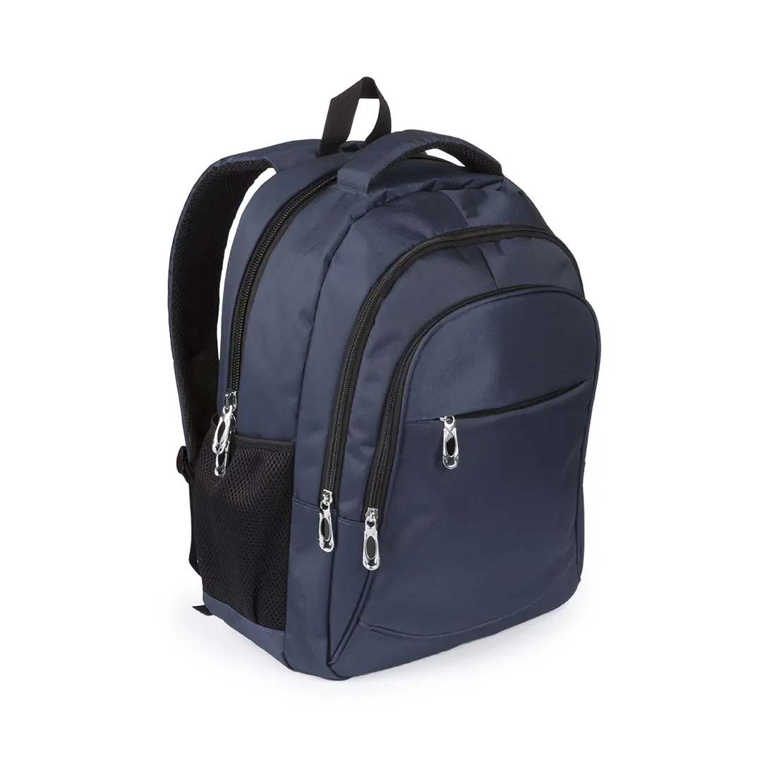 mochila azul marino con múltiples compartimentos y cremalleras, asas acolchadas y bolsillo lateral de malla