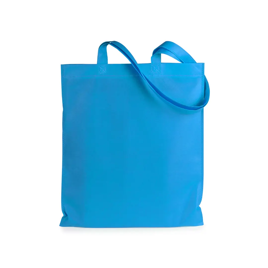bolsa de tela reutilizable azul con asas largas sobre fondo blanco