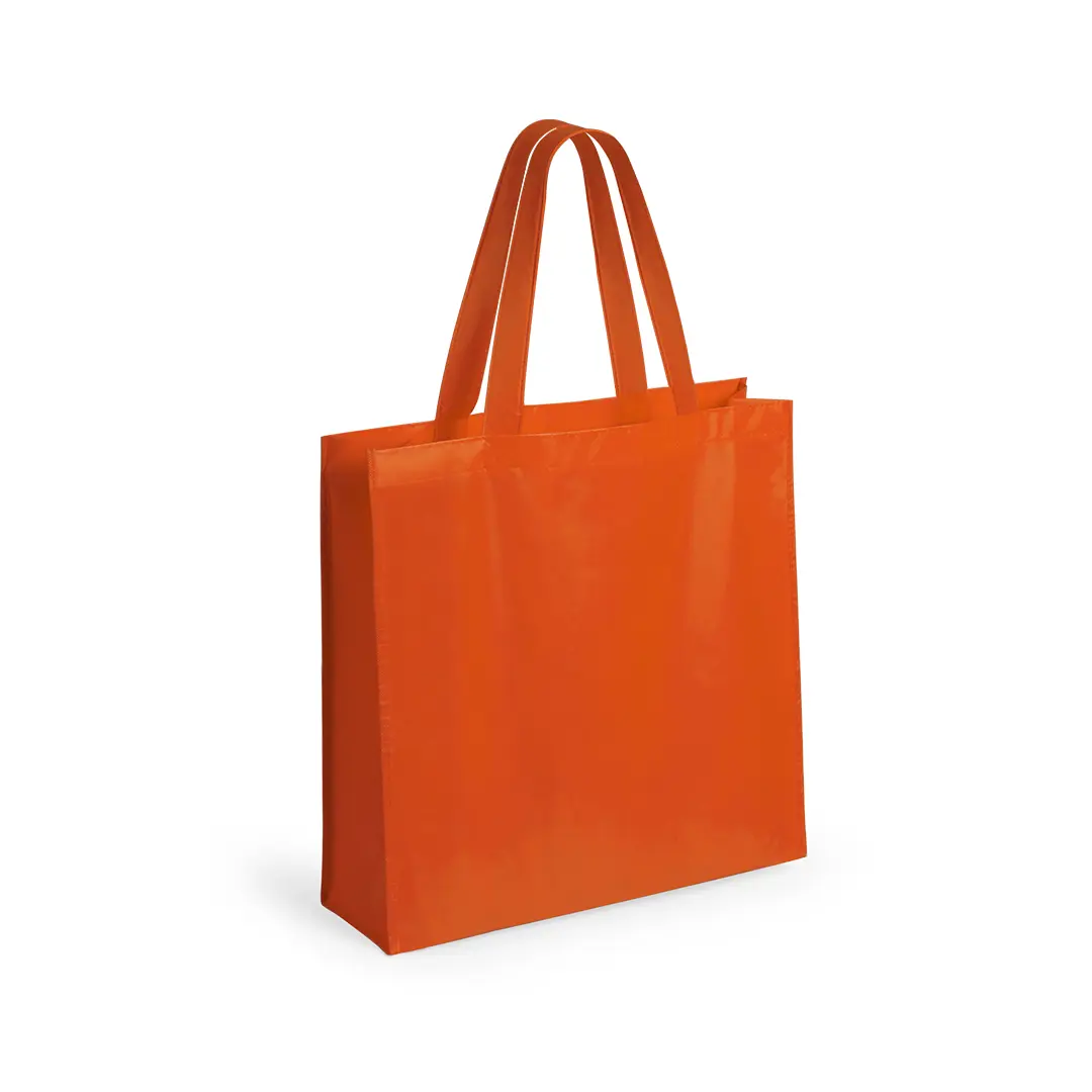 bolsa de compra reutilizable naranja con asas largas