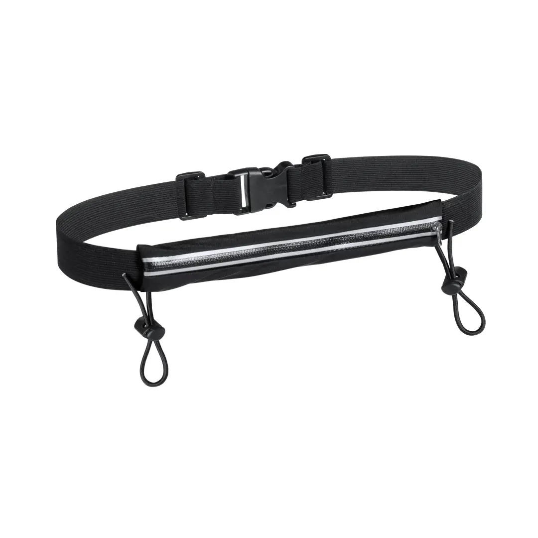 cinturón deportivo negro con bolsillo cerrado por cremallera y cordones ajustables para sujetar el dorsal