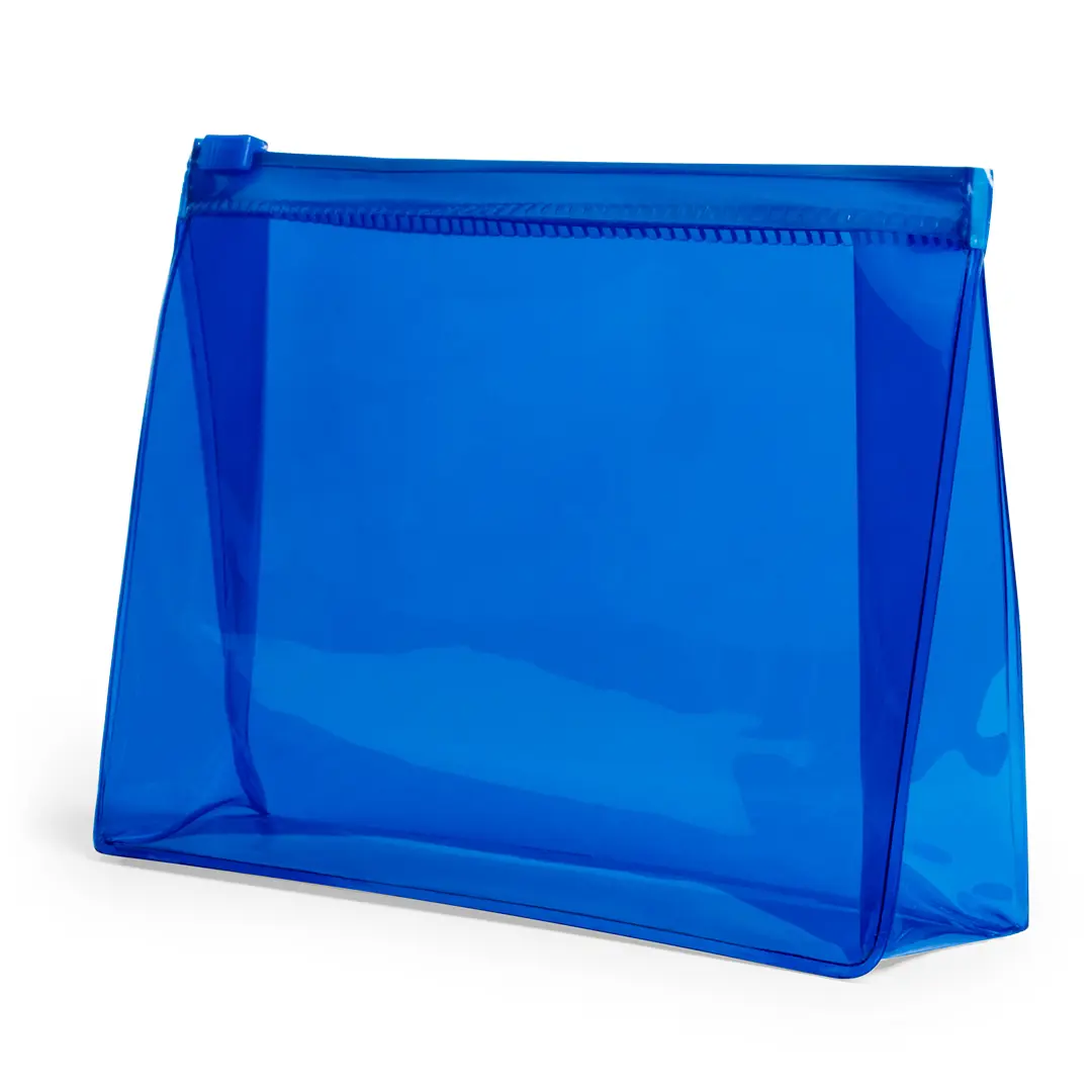 Bolsa de plástico transparente azul con cierre de cremallera tipo neceser