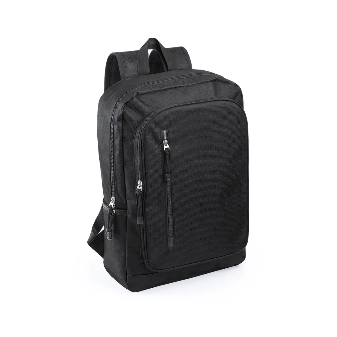 Mochila negra de tejido resistente con varios bolsillos frontales y correas acolchadas