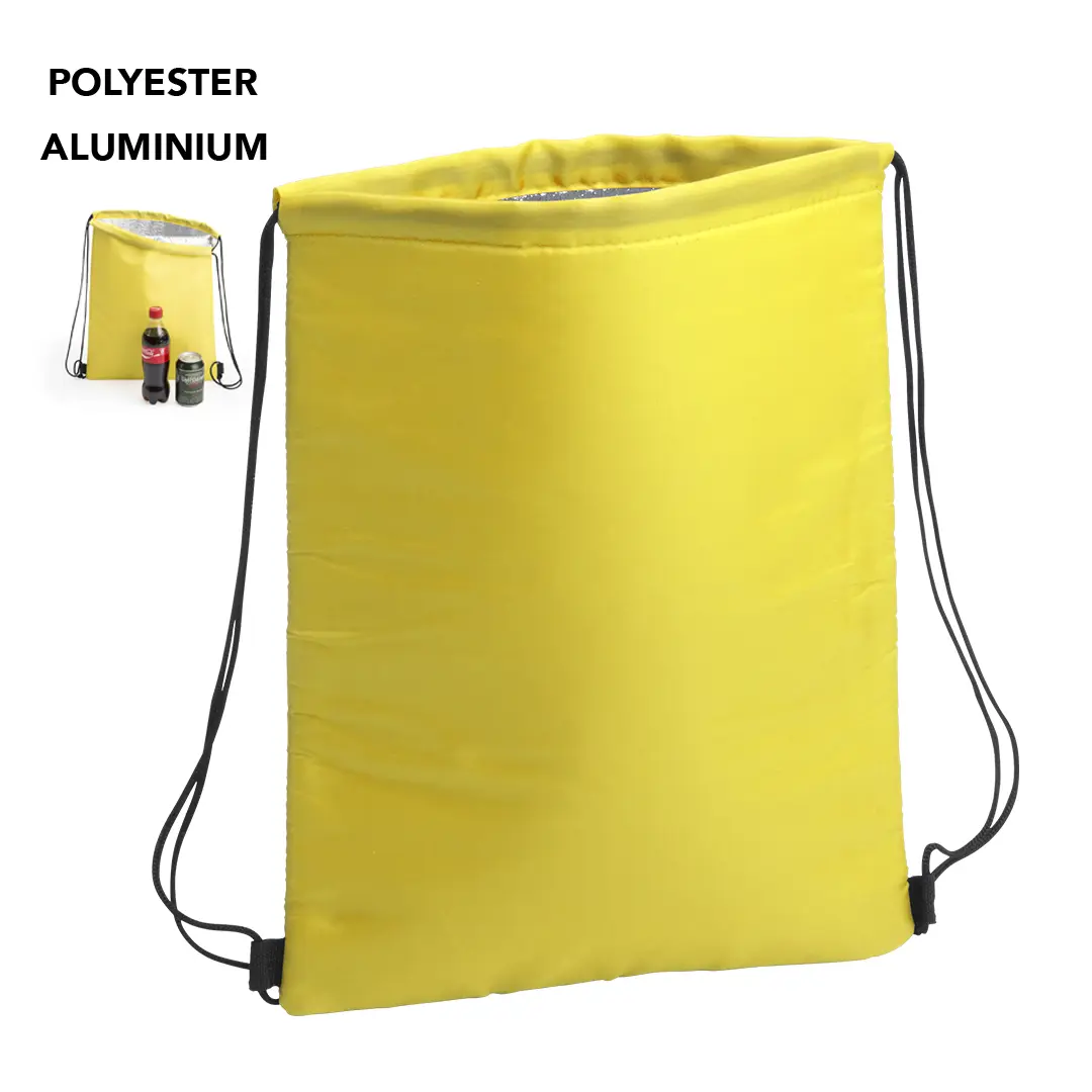 Bolsa térmica amarilla de poliéster con cordones y forro interior de aluminio