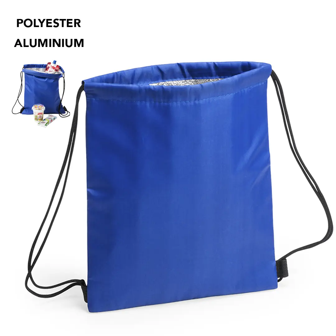Bolsa nevera azul de poliéster con cordones tipo mochila y forro interior de aluminio aislante.