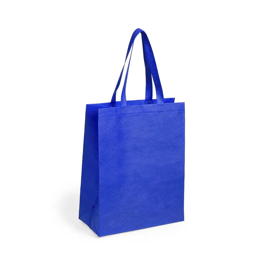 bolsa reutilizable de tela azul con asas largas sobre fondo blanco