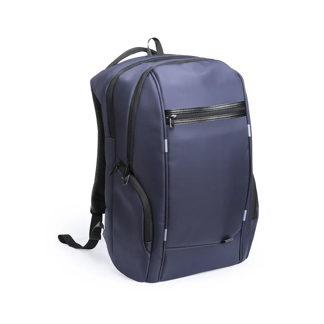 Mochila urbana azul marino con múltiples compartimentos y bolsillo delantero con cremallera