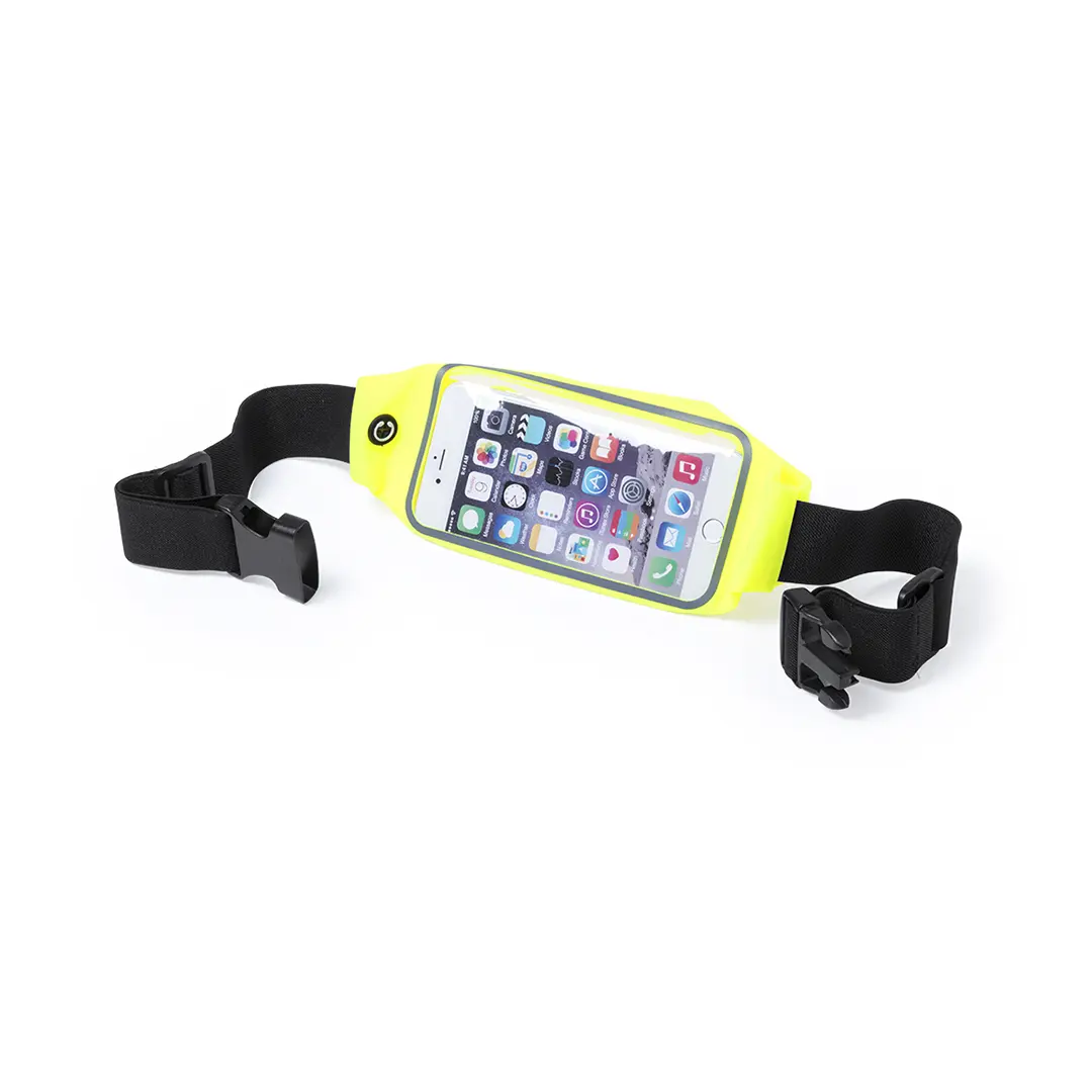 cinturón deportivo amarillo con funda transparente para móvil, ajustable para salir a correr