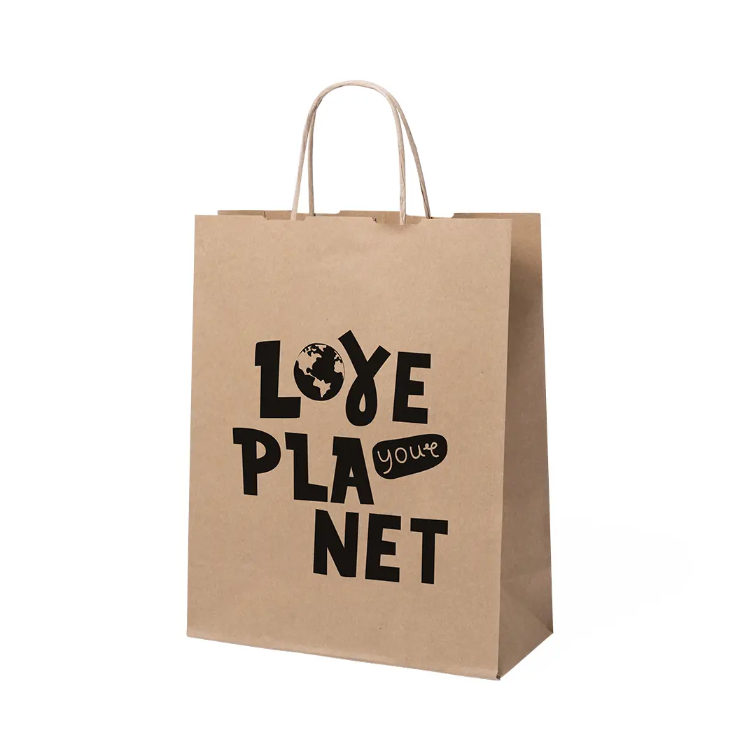bolsa de papel kraft con asas y texto negro Love you Planet reivindicando el cuidado del medio ambiente