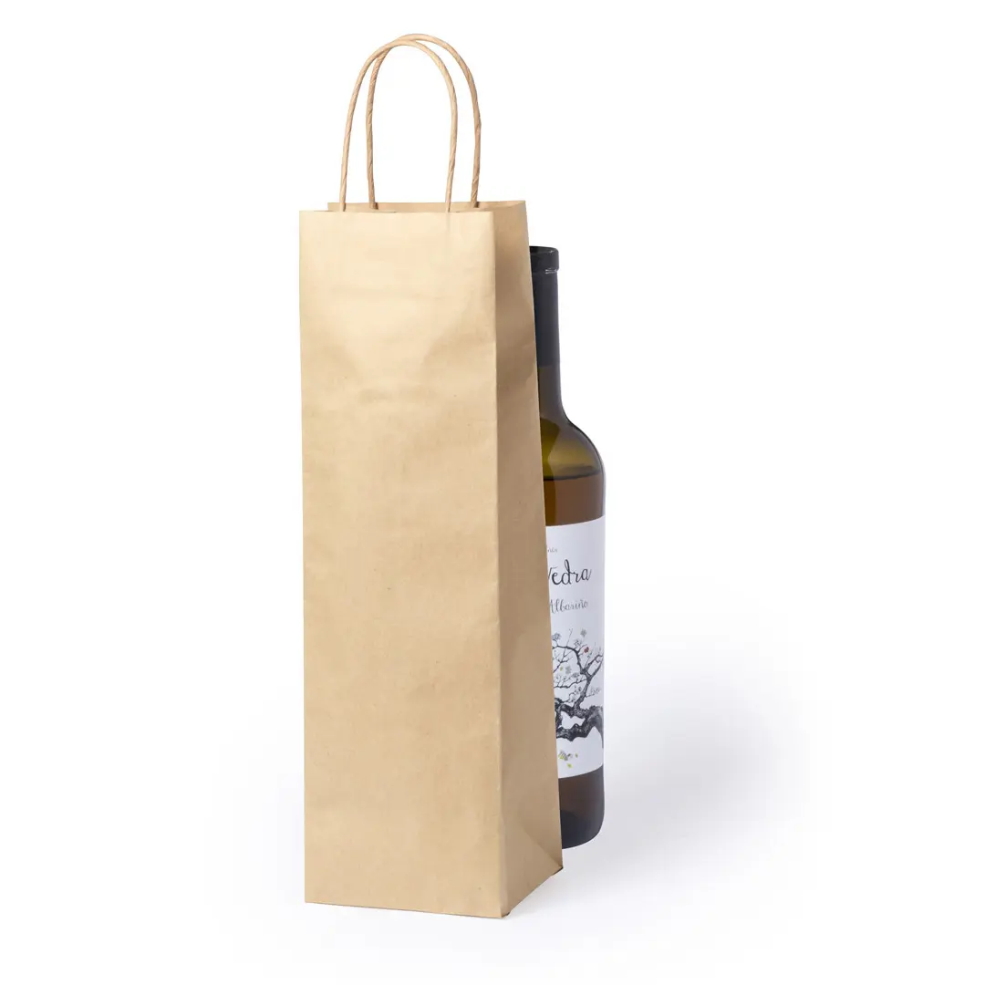 Bolsa de papel kraft con una botella de vino blanco de etiqueta floral asomando