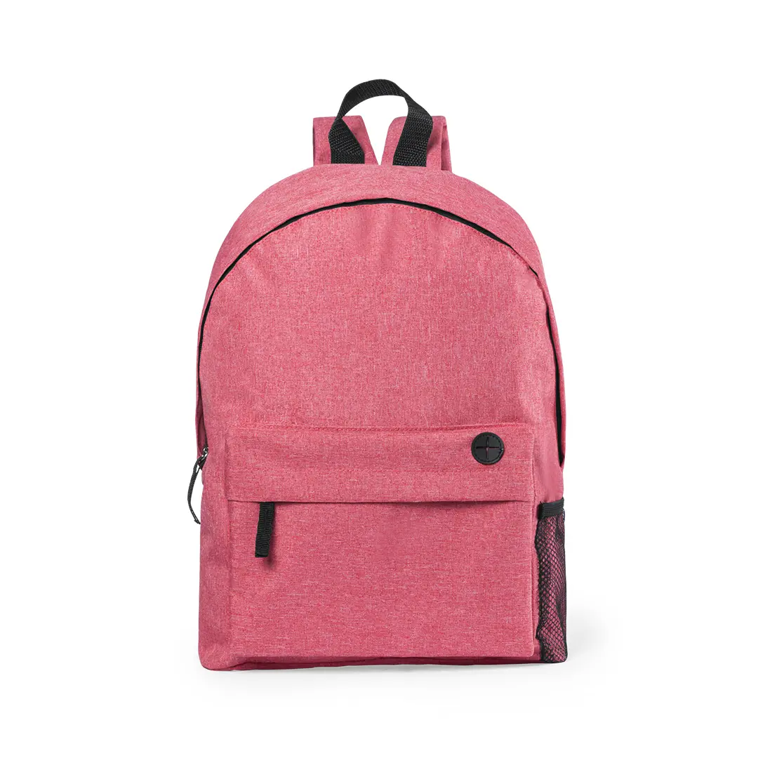 mochila rosa con bolsillo frontal y bolsillo lateral de malla