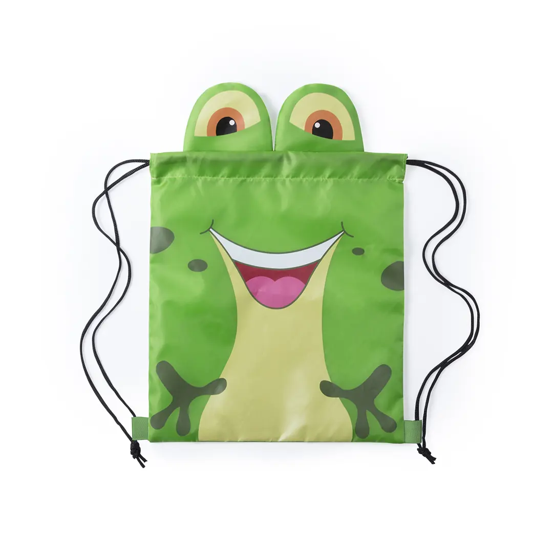 bolsa de cuerdas verde con diseño de rana sonriente y ojos saltones