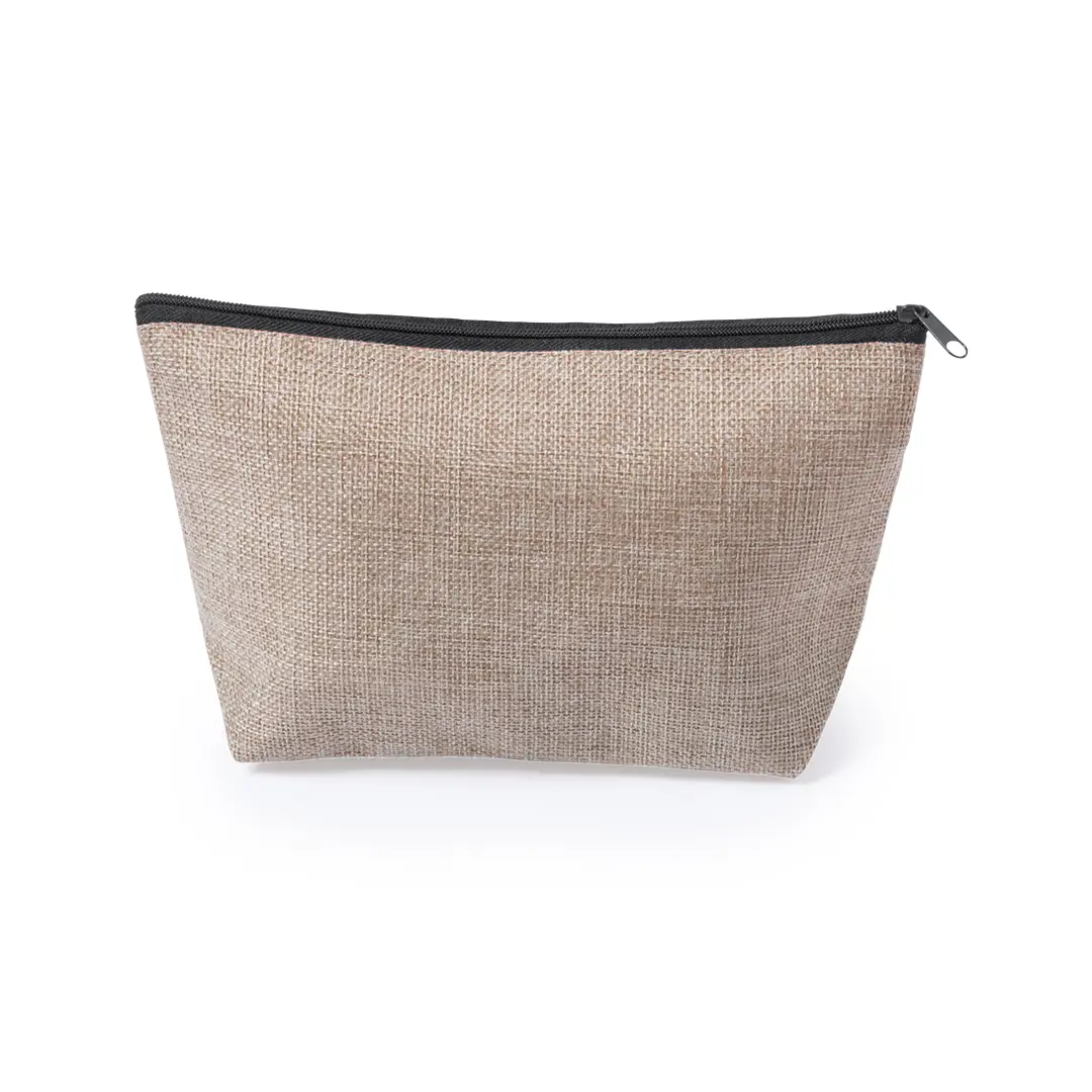 Estuche de tela beige con textura tipo arpillera y cremallera negra sobre fondo blanco
