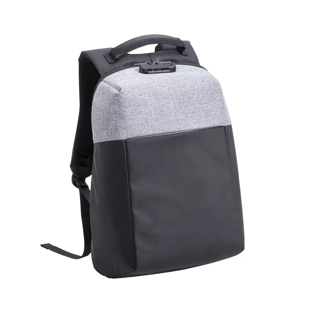mochila antirrobo bicolor gris y negro con cierre de combinación y puerto USB integrado