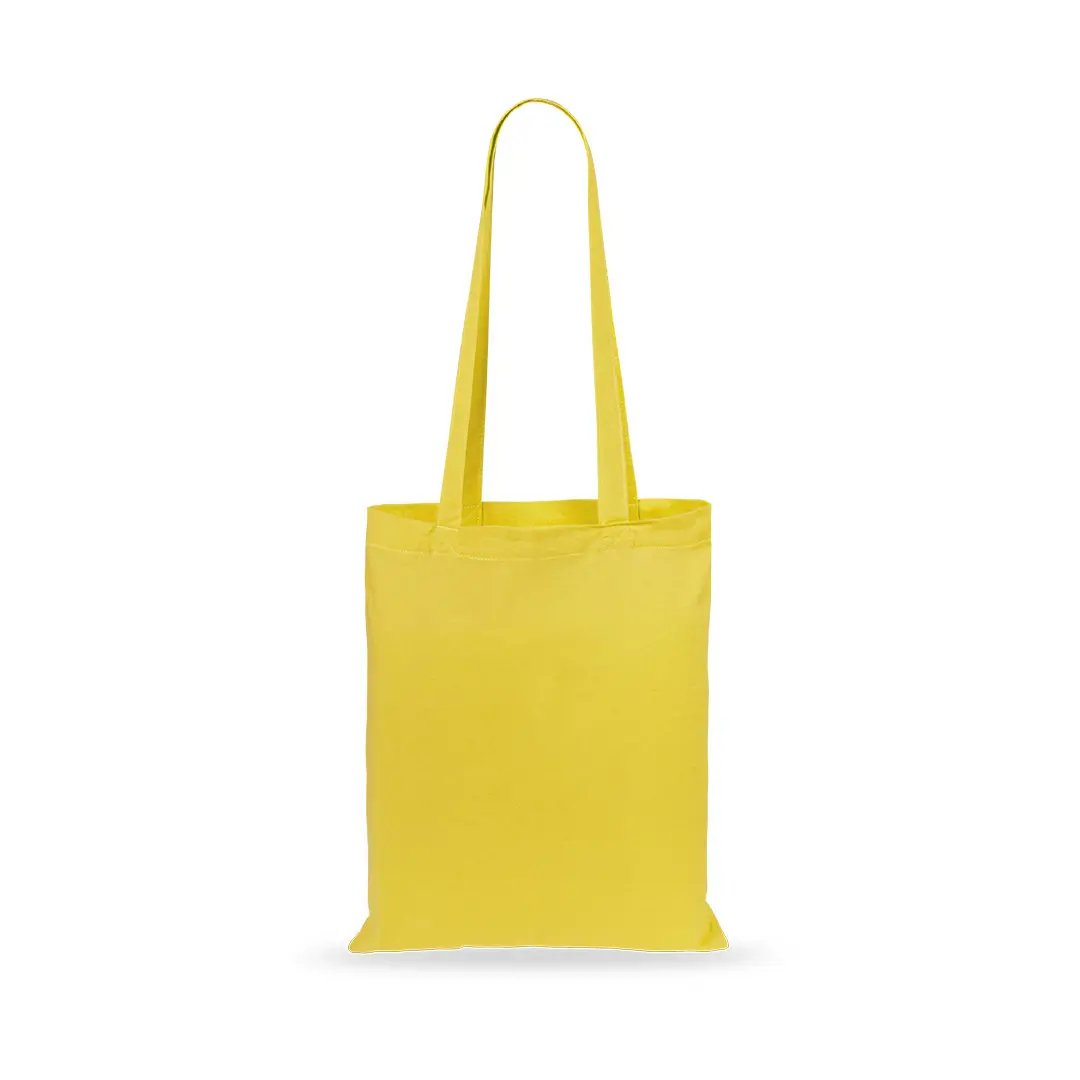 Bolsa tote de tela amarilla con asas largas sobre fondo blanco