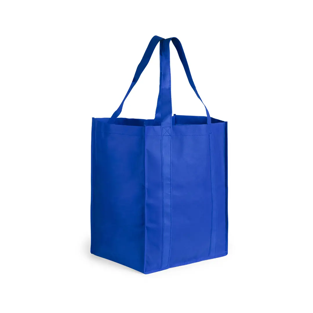 Bolsa de tela reciclable de color azul con asas largas y base cuadrada.
