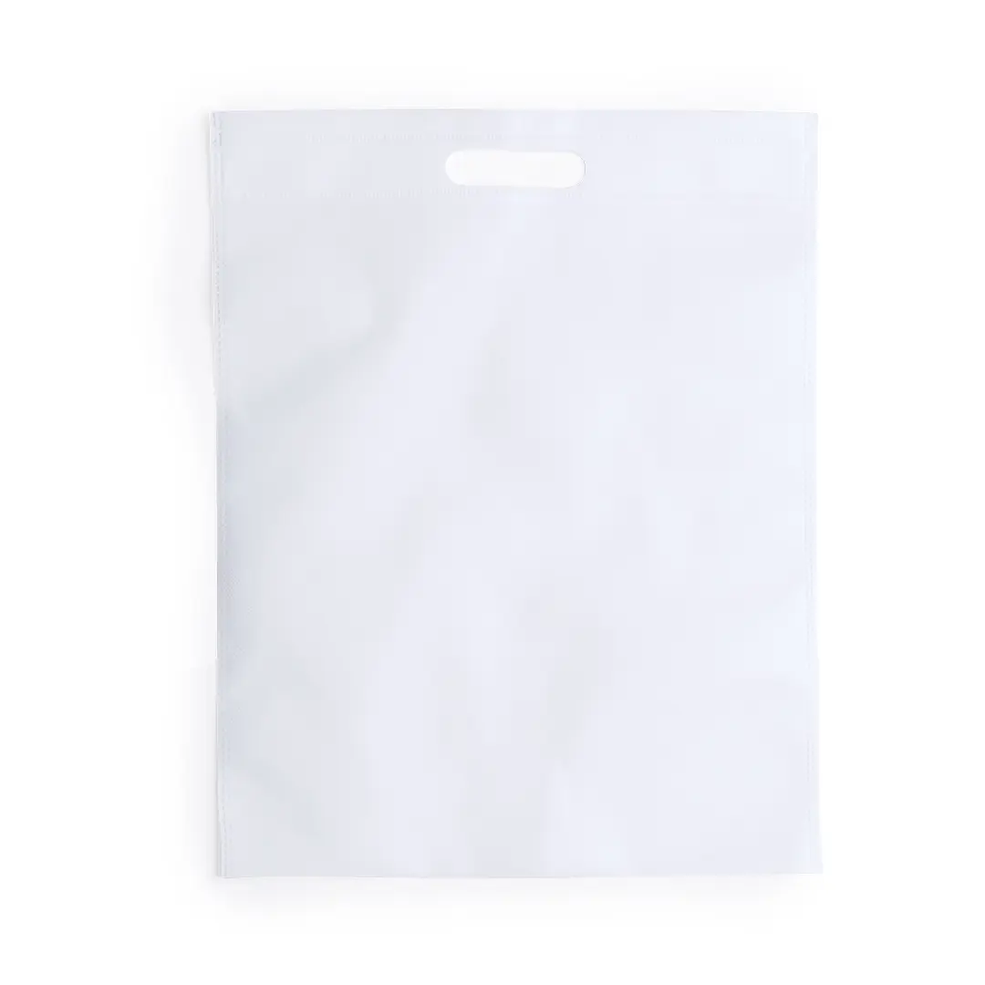 Bolsa blanca de plástico con asa troquelada sobre fondo blanco