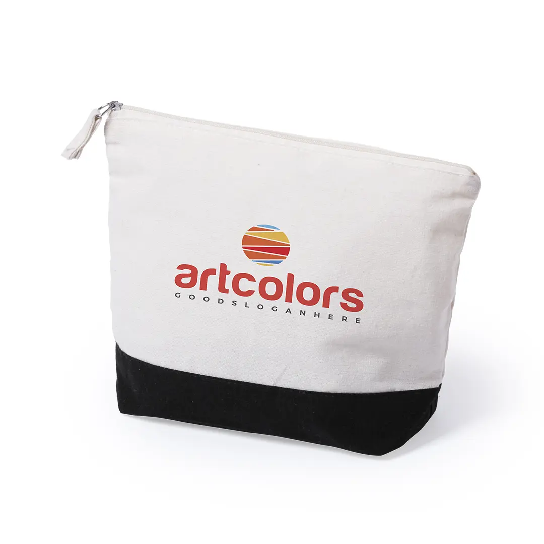 Neceser de lona blanco con base negra y cremallera, decorado con el logotipo artcolors y eslogan.