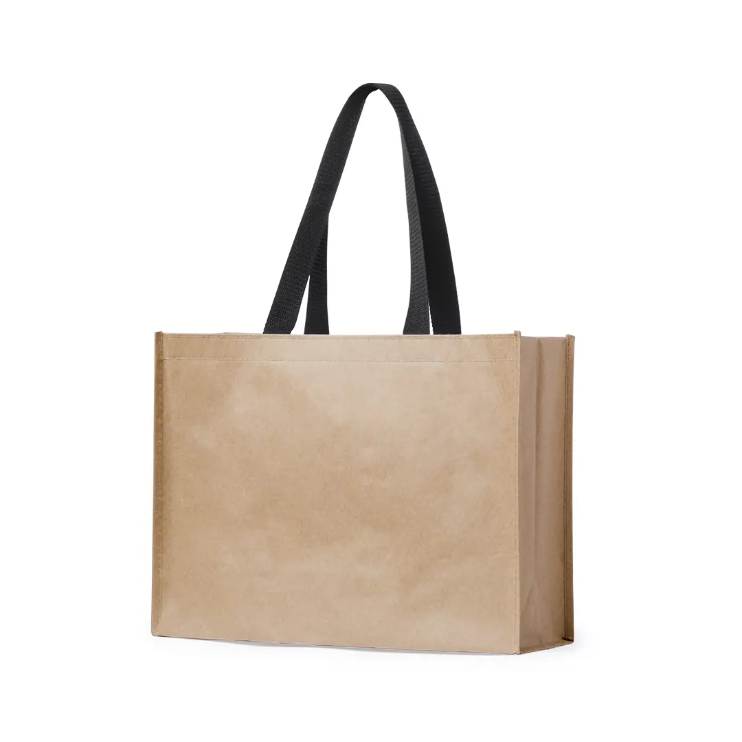 Bolsa de papel kraft rectangular con asas negras para compras reutilizables
