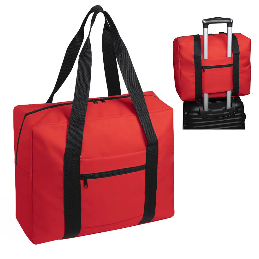 bolsa de viaje roja con asas negras y banda trasera para sujetar al trolley