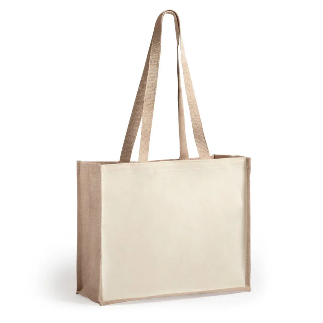 Bolsa de compras reutilizable de lona crema con asas y laterales de yute.