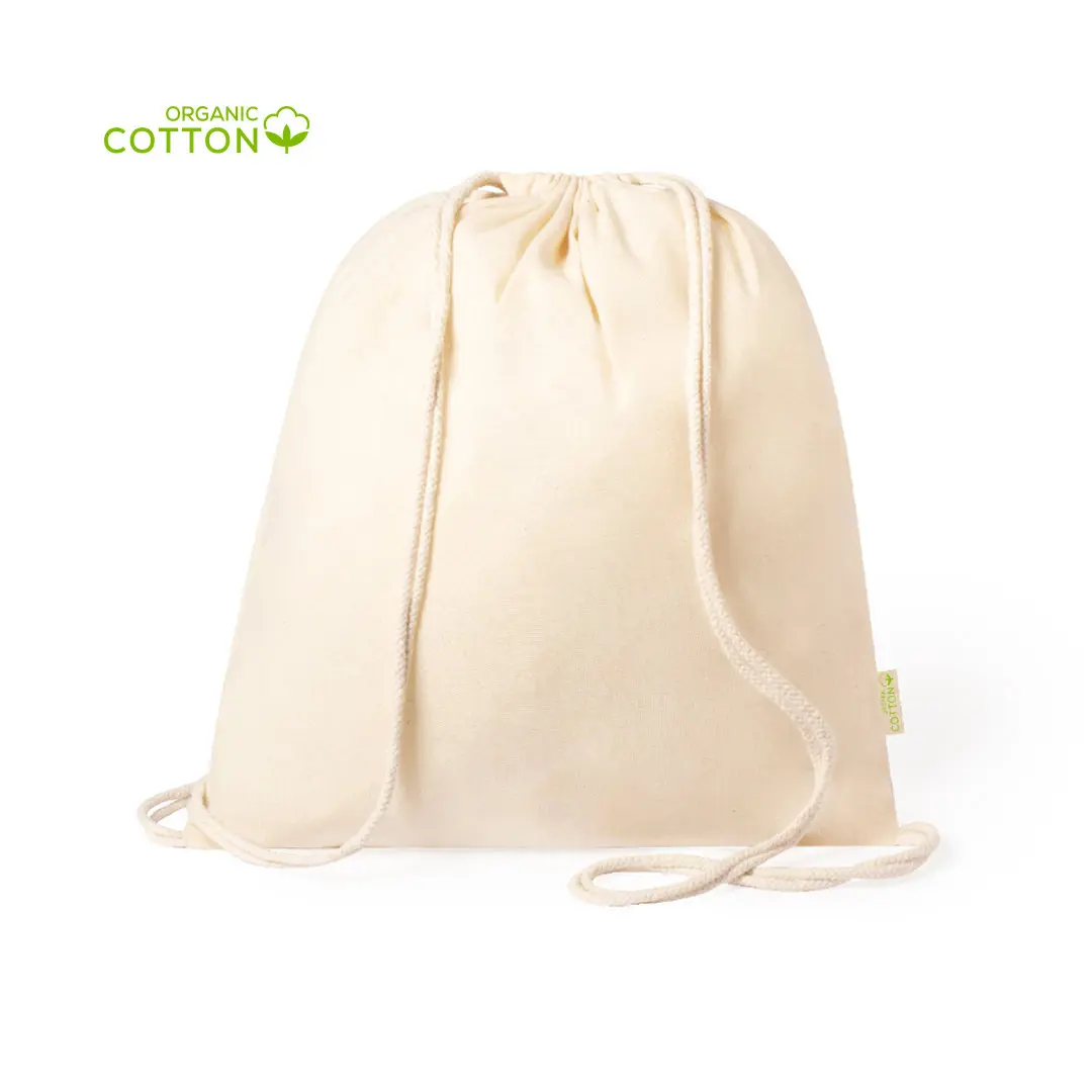 mochila tipo saco de algodón orgánico en color natural con cierre de cordón