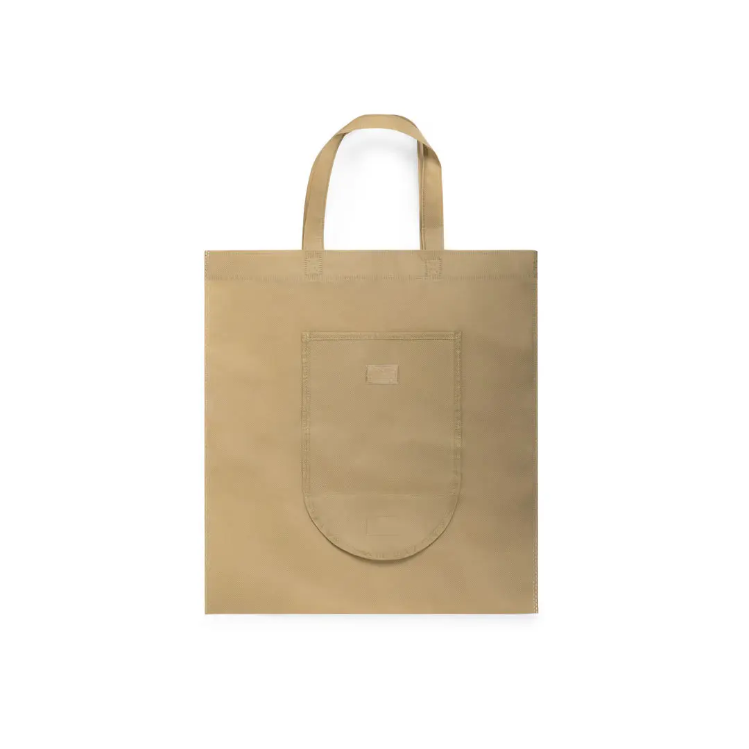 Bolsa tote de lona beige con bolsillo frontal sobre fondo blanco