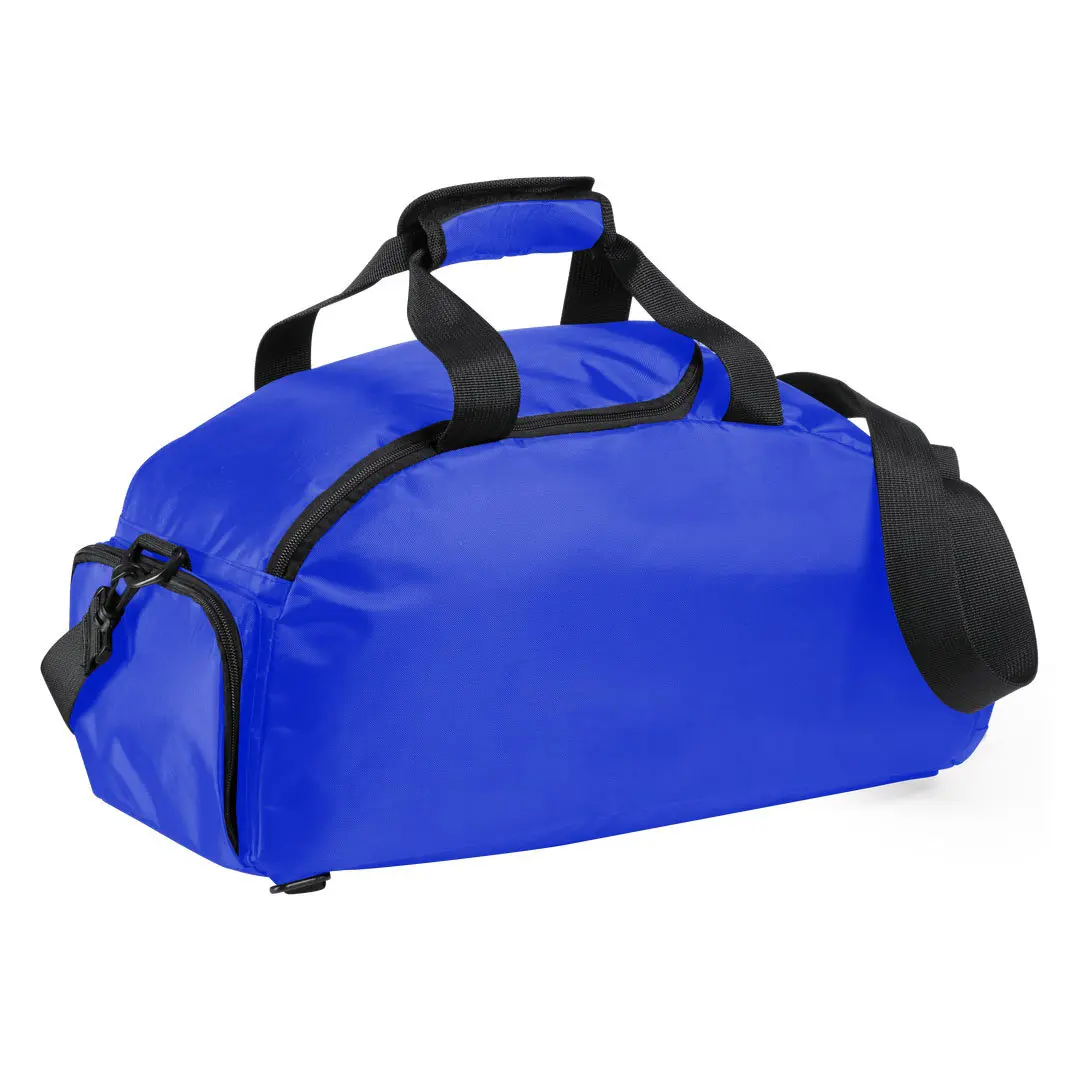 bolsa de deporte azul con asas y correa ajustable sobre fondo blanco