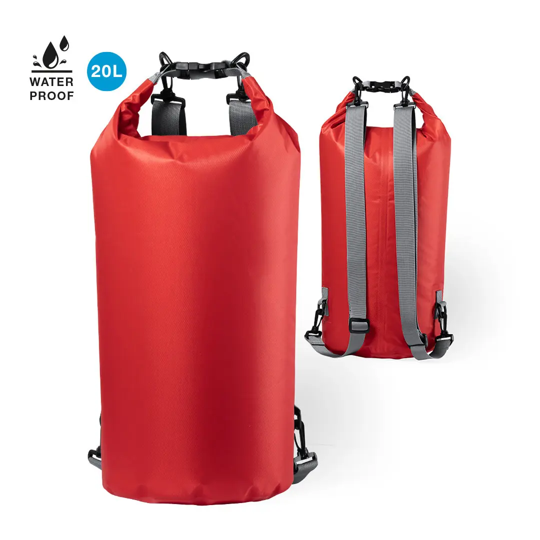 Mochila estanca roja de 20 L con cierre enrollable y correas ajustables mostrada de frente y de espaldas