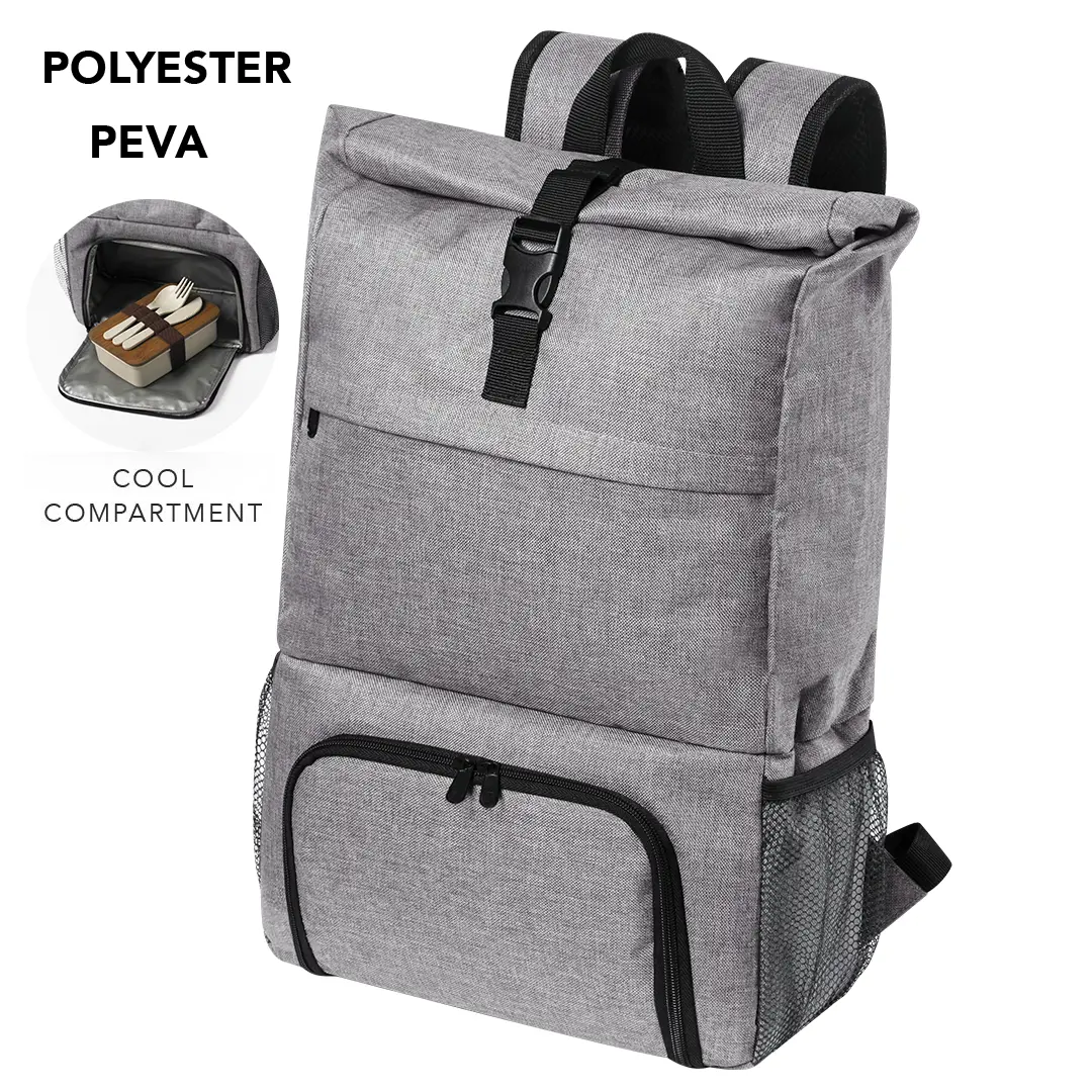mochila gris con cierre enrollable y compartimento isotérmico delantero con interior PEVA para llevar comida