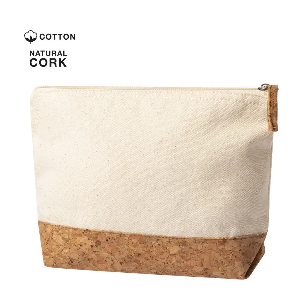 Bolsa de mano de algodón crudo con base de corcho natural y cierre de cremallera