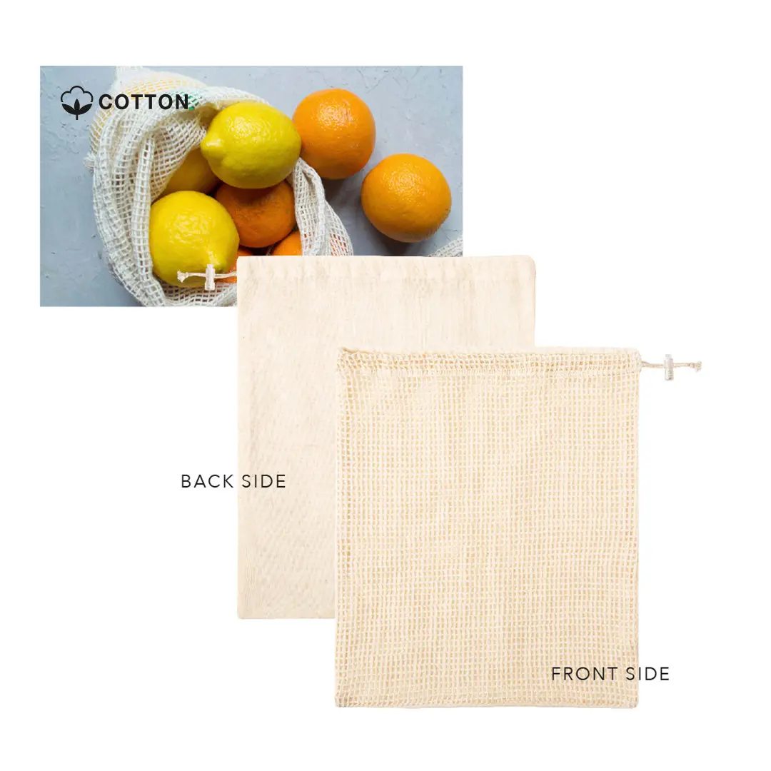 bolsas de algodón reutilizables tipo red mostrando el anverso y reverso junto a naranjas y limones