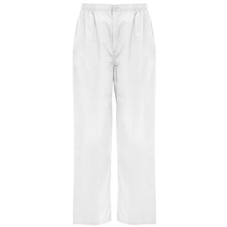 pantalones blancos de corte recto con cintura elástica y botones delanteros
